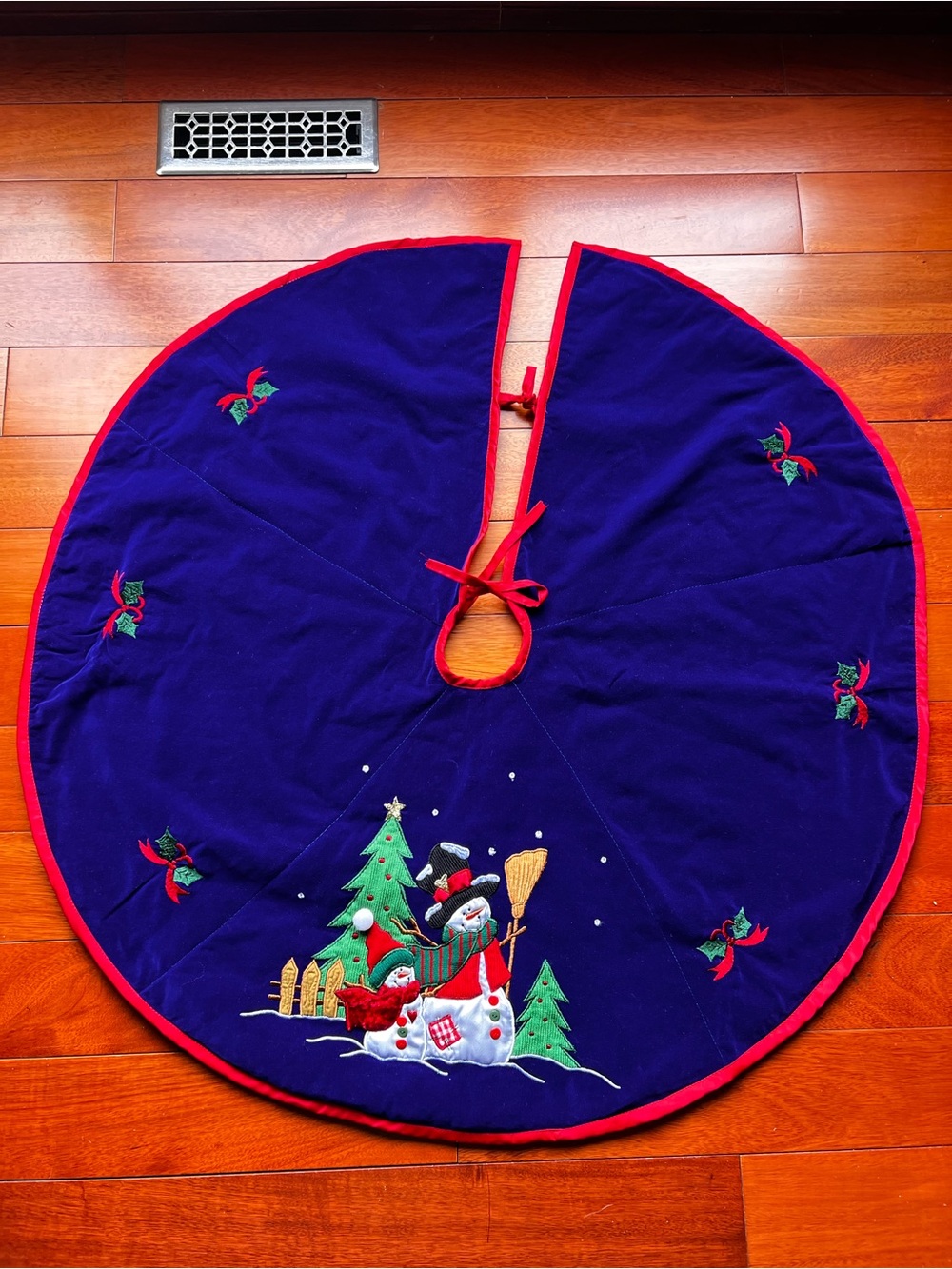 Vintage Blue Velvet Snowman Tree Skirt  embroidery